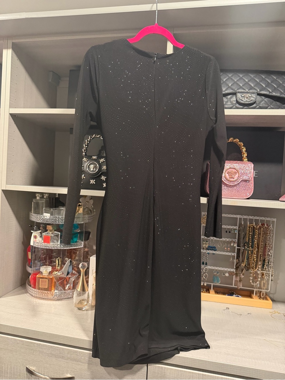 Calvin Klein Black Sparkle Ruched V-Neck Long Sleeve Dress - Picture 3 of 4